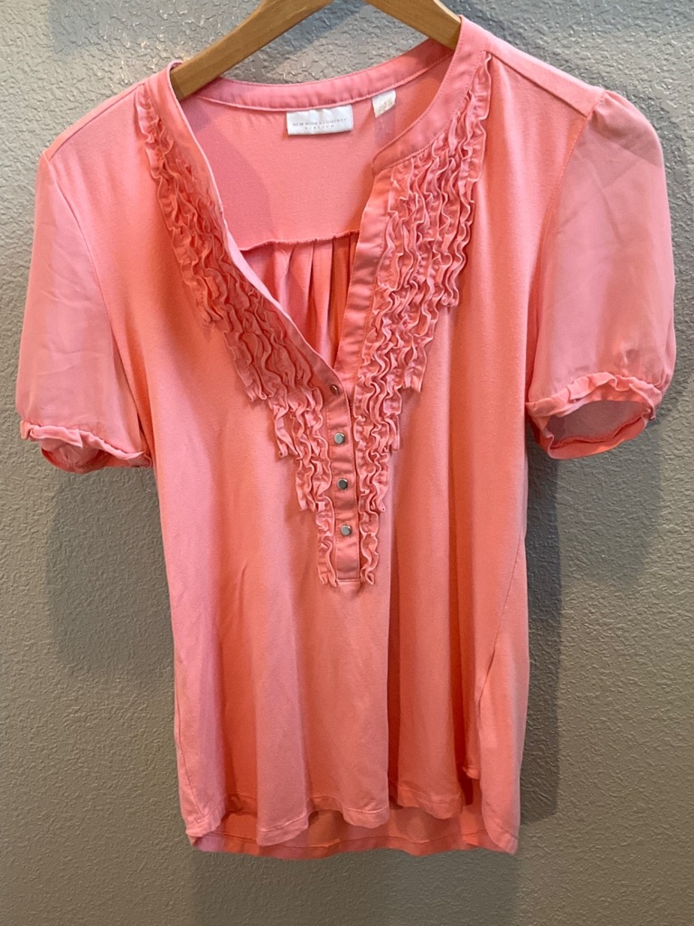 New York & Company Pink Ruffle V-Neck Button Blouse